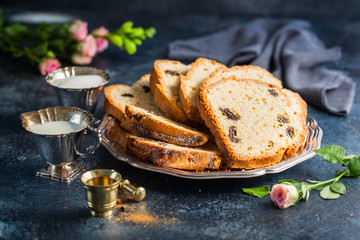 Tasty homemade traditional Orange cake and vintage crockery
