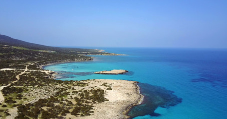 Landscape of a transparent clear blue Mediterranean Sea. The island of Cyprus. Resort. blue lagoon Yacht