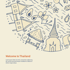 Welcome to Thailand template. Hand drawn design concept with the main attractions of Thailand.