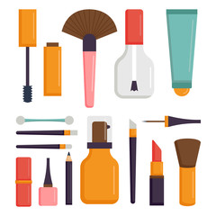 Makeup icons perfume mascara care brushes comb faced eyeshadow glamour female accessory vector.