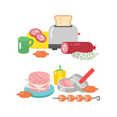 Meat products ingredient and rustic elements preparation equipment food flat vector illustration.