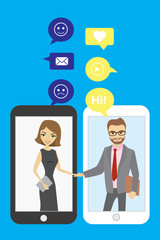 Fototapeta na wymiar Handshake between business people. Mobile technology and chatting