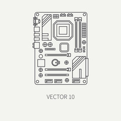 Line flat vector computer part icon motherboard. Cartoon style. Digital gaming and business office pc desktop device. Innovation gadget. Internet. Illustration and element for your design, wallpaper.