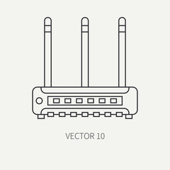 Line flat vector computer part icon wireless router. Cartoon style. Digital gaming and business office pc desktop device. Innovation gadget. Wi-fi. Illustration and element for your design, wallpaper.