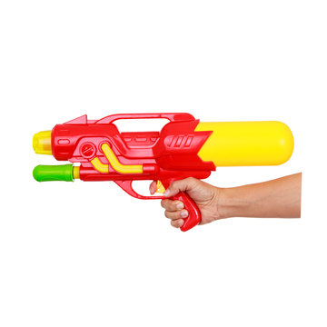 Woman's hand holding water gun isolated on white background and clipping path.