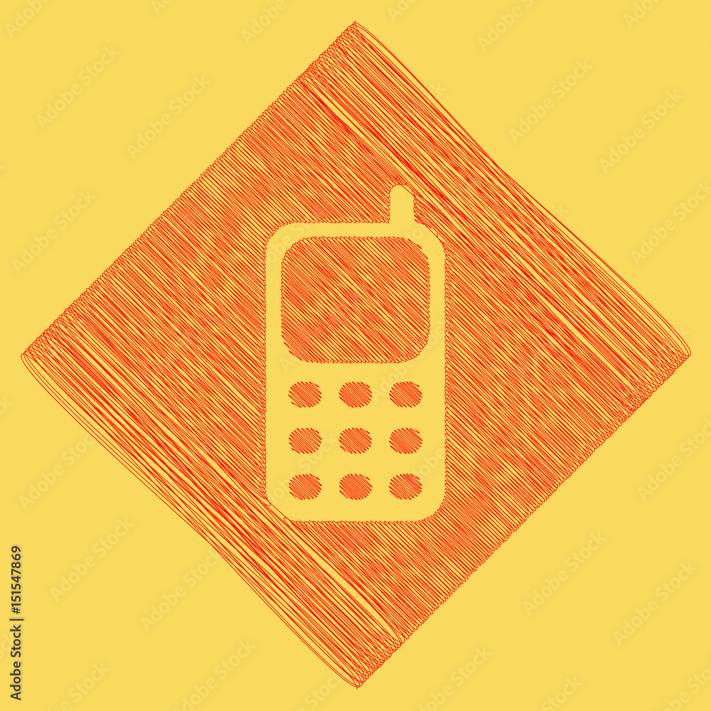 Poster cell phone sign. vector. red scribble icon obtained as a result of subtraction rhomb and path. royal