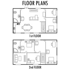 Architecture plan with furniture. House First and second floor plan.