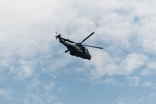 Air force helicopter flying over