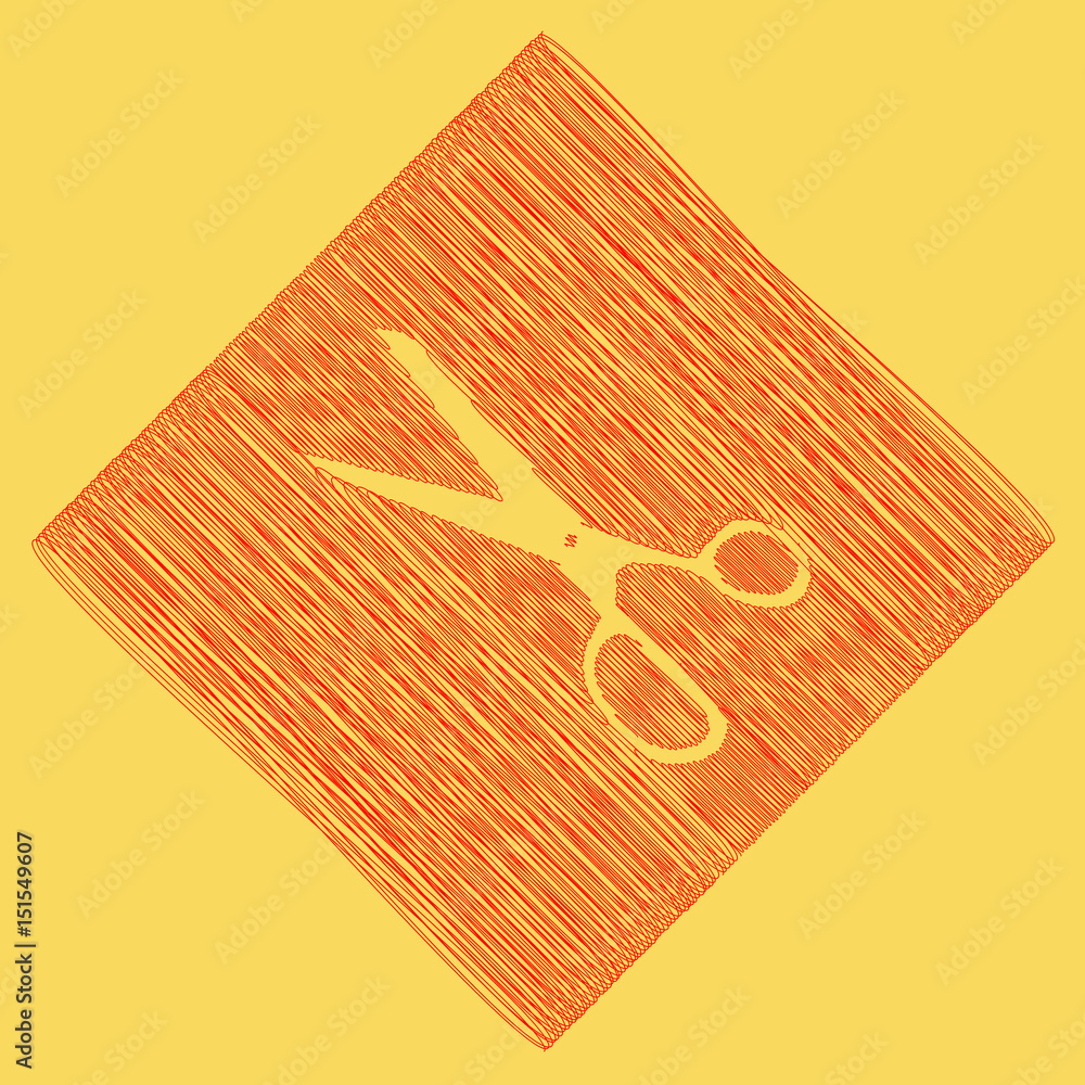 Poster scissors sign illustration. vector. red scribble icon obtained as a result of subtraction rhomb and 