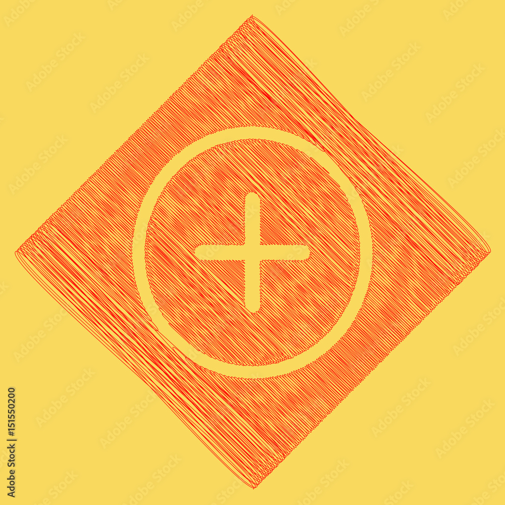 Poster positive symbol plus sign. vector. red scribble icon obtained as a result of subtraction rhomb and p