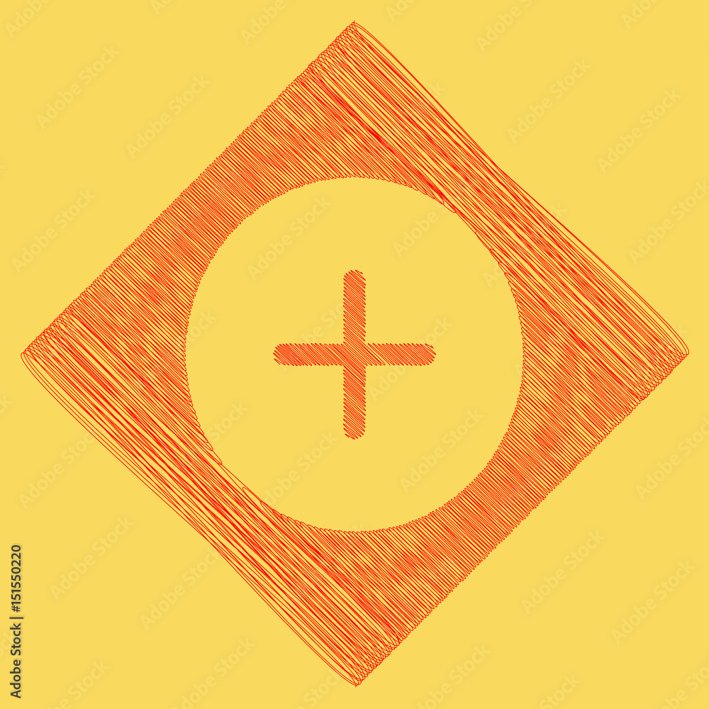 Poster positive symbol plus sign. vector. red scribble icon obtained as a result of subtraction rhomb and p