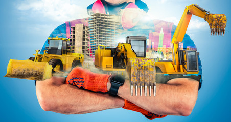 Huge buider with abstract aplication of buiding vehicles excavator, tractor, grader. House renovation service. Building concept.