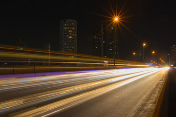 Fototapeta na wymiar Car light on Taksin Bridge on night time ,Bangkok ,Thailand