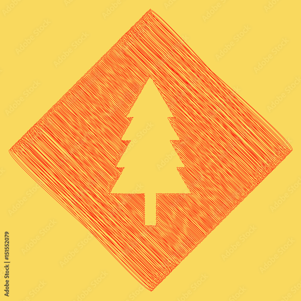 Poster new year tree sign. vector. red scribble icon obtained as a result of subtraction rhomb and path. ro