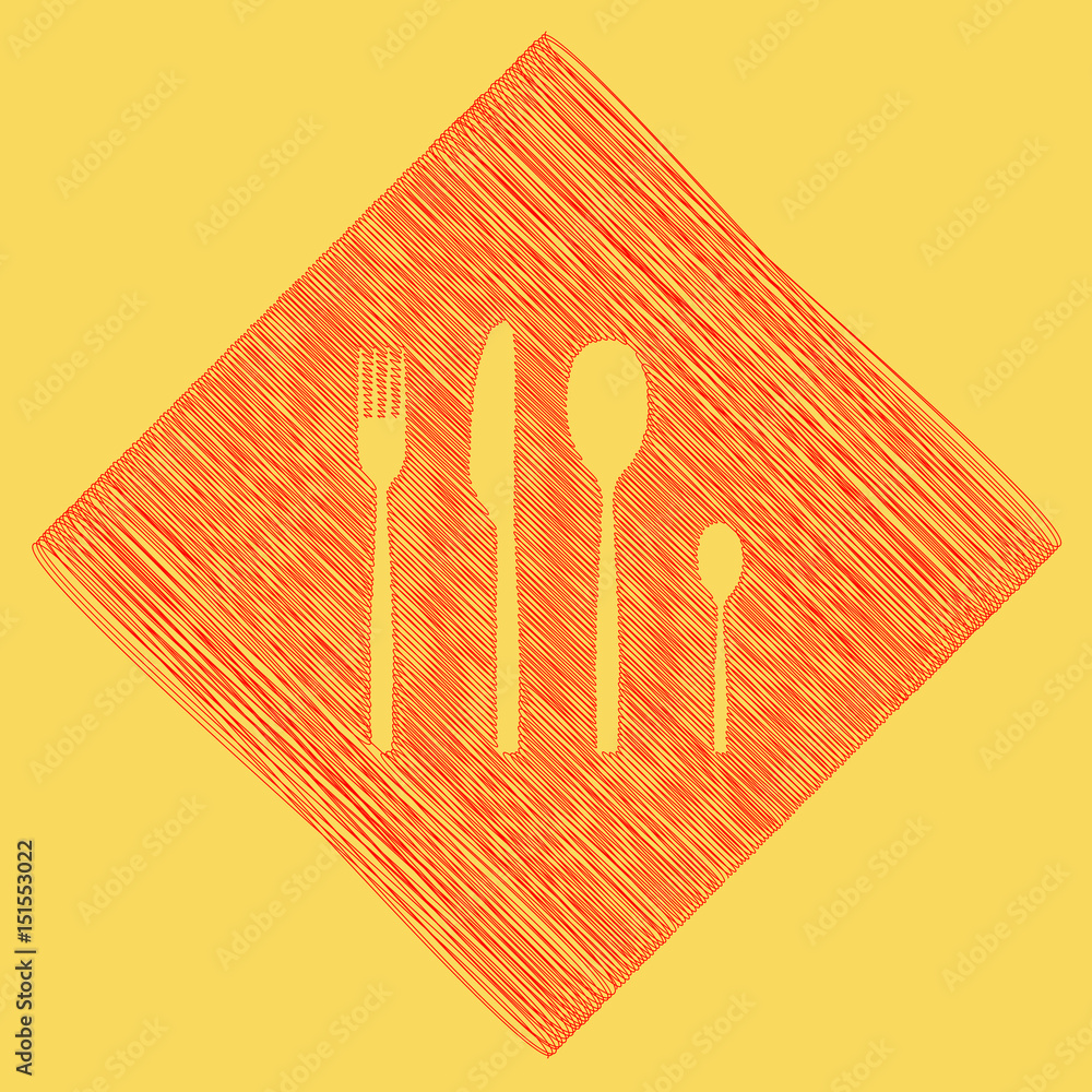 Poster fork spoon and knife sign. vector. red scribble icon obtained as a result of subtraction rhomb and p