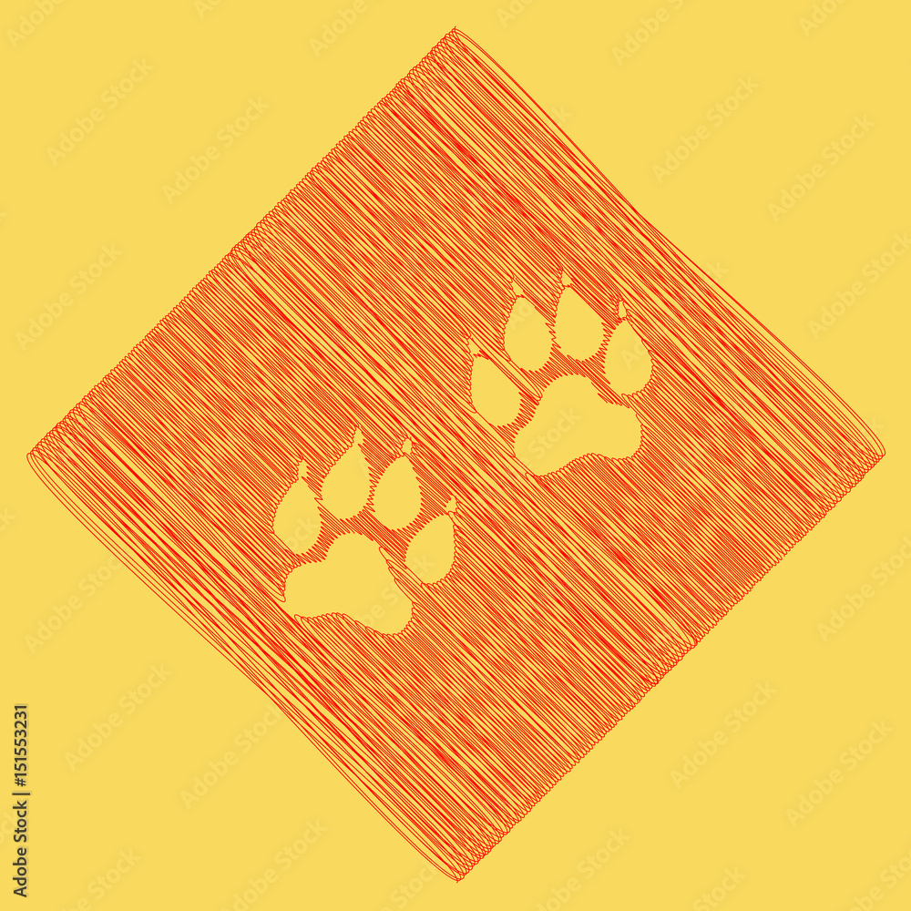 Poster animal tracks sign. vector. red scribble icon obtained as a result of subtraction rhomb and path. ro