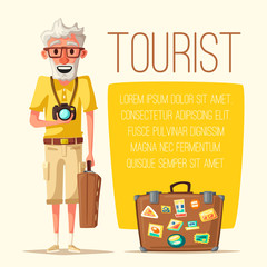 Old couple in travel. Journey of grandparents. Cartoon vector illustration