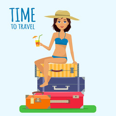 Baggage, luggage, suitcases and girl in swimsuit with cocktail on tropical background.