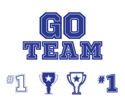 Set Of Sports Fan Icons In Blue On A White Background. Signs And Symbols In Vector Format. Go Team Logo Text.
