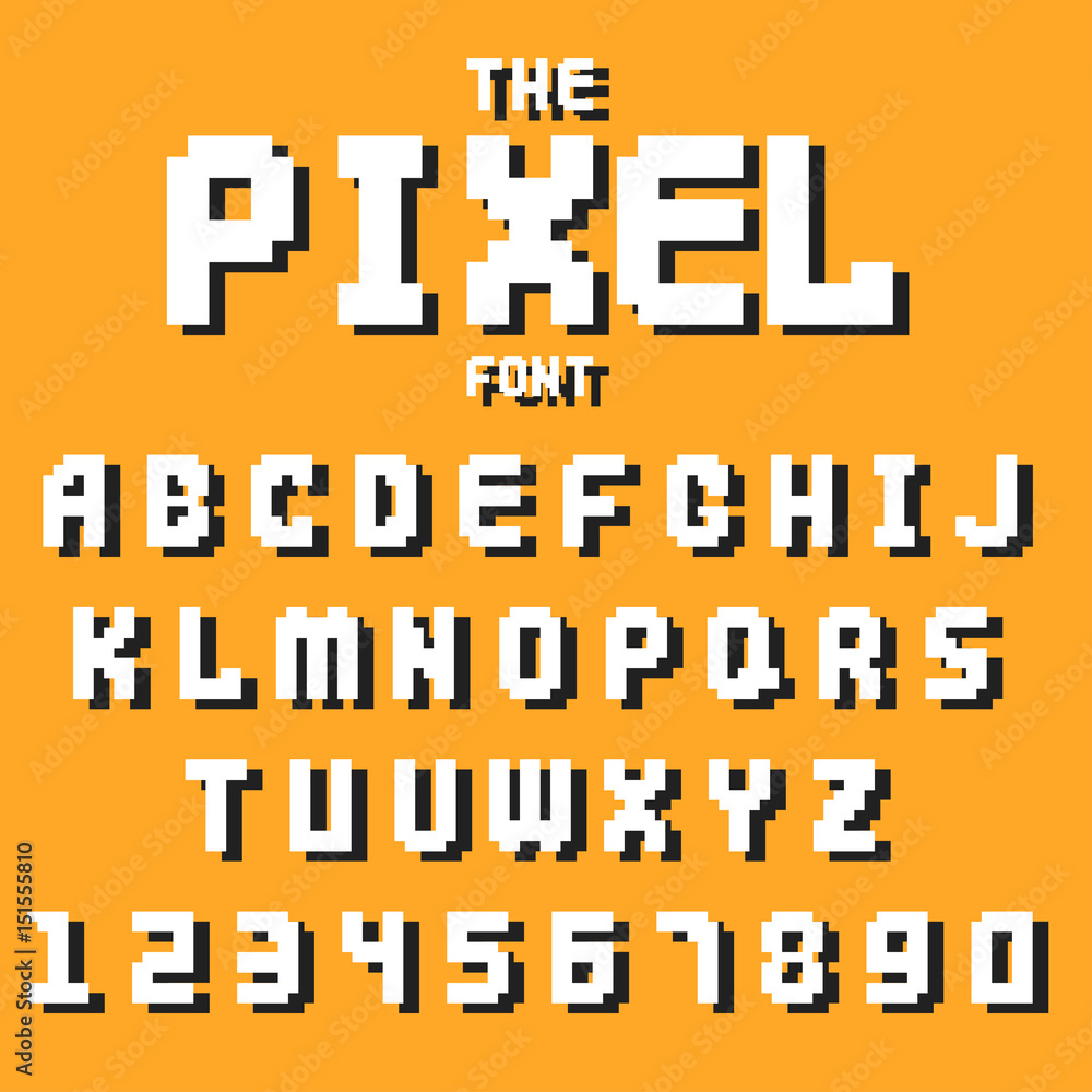 Fototapete pixel retro font video computer game design 8 bit letters numbers electronic futuristic style vector