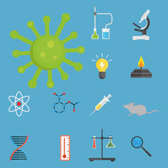 Lab symbols test medical laboratory scientific biology design molecule microscope concept and biotechnology science chemistry icons vector illustration.