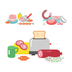 Meat products ingredient and rustic elements preparation equipment food flat vector illustration.