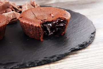 Delicious chocolate cakes on wooden background chocolate brownie