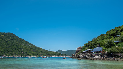 Fototapeta premium Sand Sea Beach, Mountain View And Blue Sky Scenery
