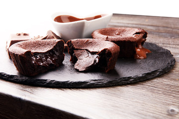 Delicious chocolate cakes on wooden background chocolate brownie