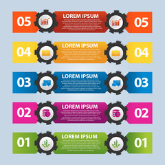 Vector illustration. Infographic template with the image of 5 rectangles and gears. 3d style with five steps. Used for business presentations, education, web design. Place for text and icons