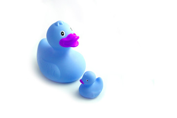 Big rubber duck and small duckling, isolated on a white background. Children bath toys ducky. Father and son concept, fatherhood. Close up, macro view.