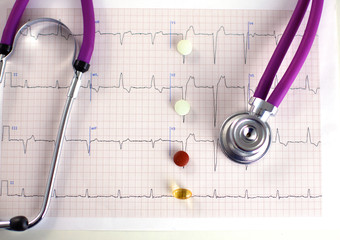 Close up of pills spread over the table with stethoscope and heart lying beside