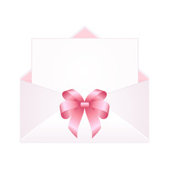 Envelope with Clean Card and Pink Bow Ribbon. Vector  illustration isolated on white background.
