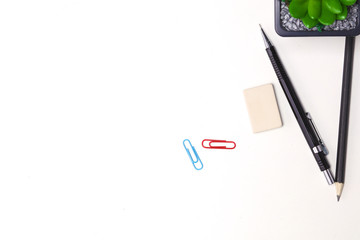 Pencils and cactus lie on the desktop