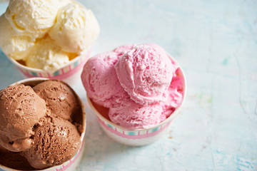 Chocolate, vanilla and strawberry ice cream.