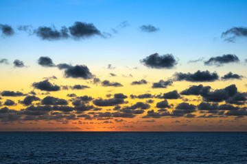 Sunset in ocean: dramatic clouds