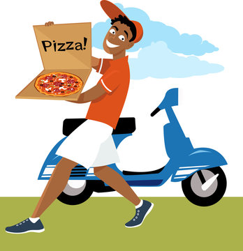 Pizza delivery guy with a pie, scooter on the background, EPS 8 vector illustration