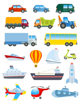 Cute transport set. Simple cartoon road, air, water transport items vector on white.