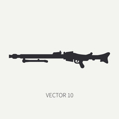 Silhouette. Line flat vector military icon - machine gun. Army equipment and armament. Legendary retro weapon. Cartoon. Assault. Soldiers. War. Illustration and element for your design and wallpaper.