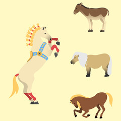 Horse pony stallion isolated different breeds color farm equestrian animal characters vector illustration.