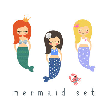 Cute mermaids girls set on white background. Child drawing style cartoon underwater illustration. Design for fabric, decor, card.