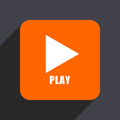 Play orange flat design web icon isolated on gray background
