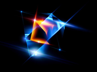 3d abstract background with geometric. Concept new technology and dynamic motion. Digital data visualization. 
Diamond prism. Polygonal crystals. Bright figure in starry cosmos. Glowing triangles 
