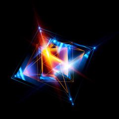 3d abstract background with geometric. Concept new technology and dynamic motion. Digital data visualization. 
Diamond prism. Polygonal crystals. Bright figure in starry cosmos. Glowing triangles 
