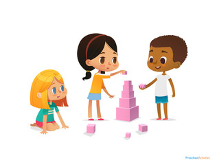 Multiracial children build tower with pink blocks. Kids play using kit with bright colored cubes. Montessori materials concept. Vector illustration for poster, banner, website, flyer, advertisement.