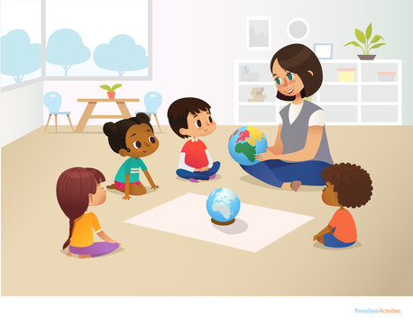 Smiling kindergarten teacher shows globe to children sitting in circle during geography lesson. Preschool activities and early childhood education concept. Vector illustration for poster, flyer.