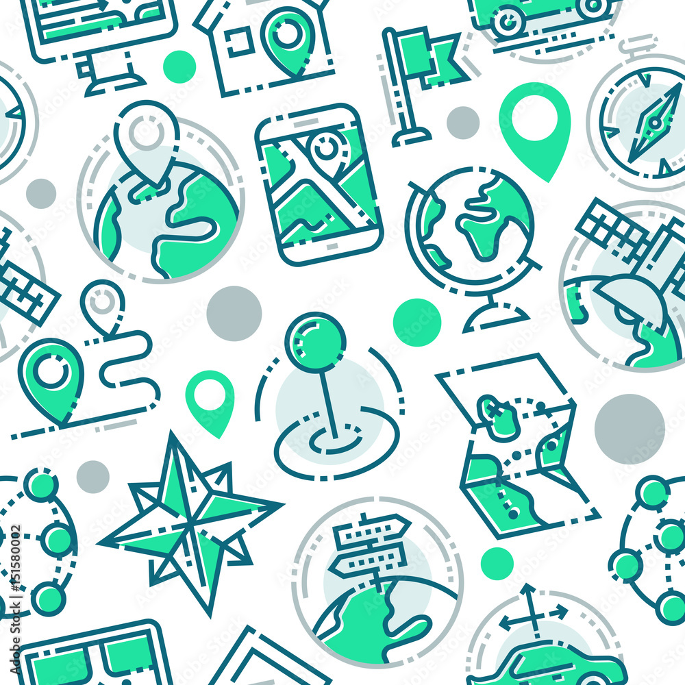Poster navigation direction maps sign traffic and more thin line icons set vector seamless pattern