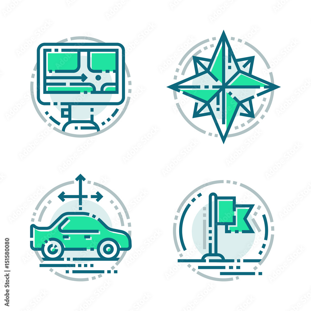 Poster navigation direction maps sign traffic and more thin line icons set vector illustration