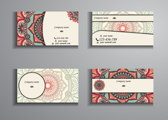 visiting card and business card big set. Floral mandala pattern and ornaments. Oriental design Layout, ottoman motifs. Front page and back page.