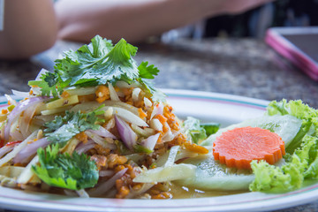 crab egg seafood salad thai in the dish